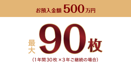 お預入金額500万円 最大90枚（1年間30枚×3年ご継続の場合）